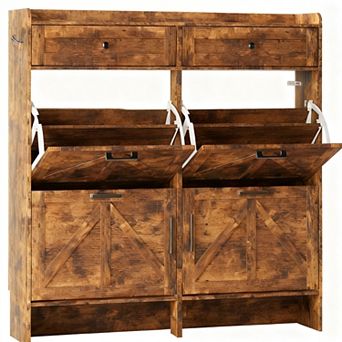 Wide Entryway Shoe Cabinet with 4 Flip Drawers and 2 Top Drawers