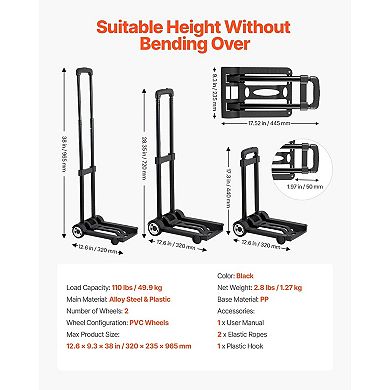2-Wheel Compact Folding Hand Truck, Portable Dolly for Shopping and Moving Items