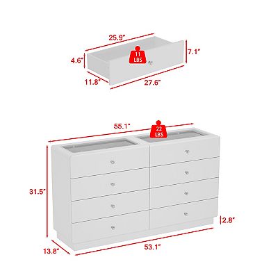 8 Drawers Chest Dresser,Closet Vanity with Glass Top & 3-Color Led & Crystal Knobs,9-Display Section