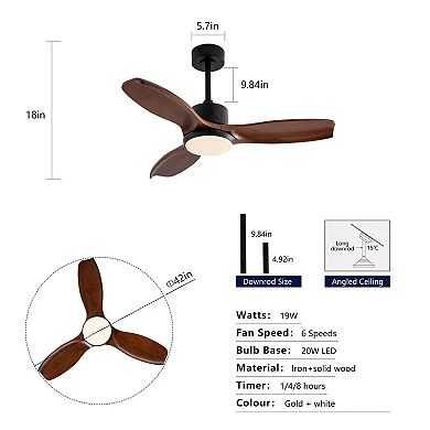 ELEMENT ACE 42-Inch Solid Wood Ceiling Fan with Remote Control and Dimmable LED Light