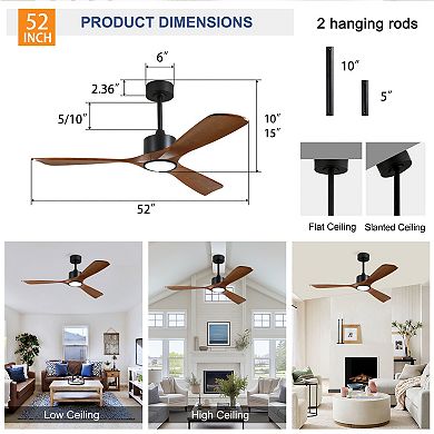 ELEMENT ACE 52 Inch Solid Wood Ceiling Fan with Dimmable LED Light Kit and Remote Control