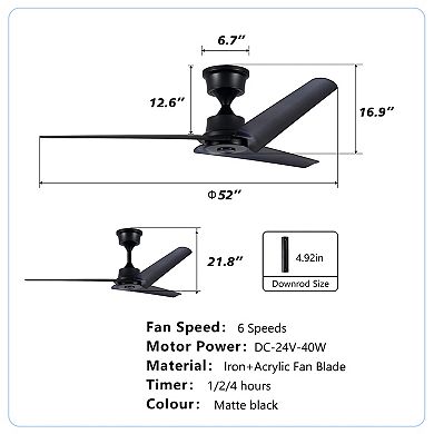 ELEMENT ACE 52 Inch Flush Mount Ceiling Fan with Remote Control and Reversible DC Motor