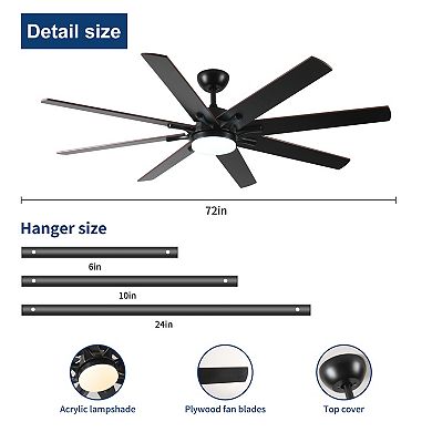 ELEMENT ACE 72 Inch Large Ceiling Fan with Light and Remote for Indoor Outdoor Use