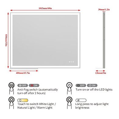 ELEMENT ACE 32x40 Inch LED Bathroom Vanity Mirror with Adjustable Lighting and Anti-Fog