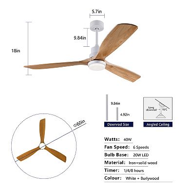 ELEMENT ACE 60 Inch Solid Wood Ceiling Fan with Remote Control and Integrated LED Light