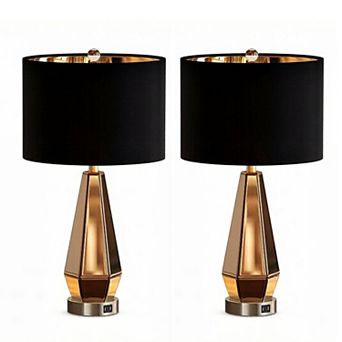 ELEMENT ACE Set of 2 Modern Geometric Nightstand Lamps with USB Ports and Fabric Shades