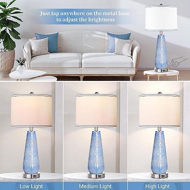 ELEMENT ACE Set of 2 Modern Touch Control Dimmable Table Lamp Set with USB Ports and White Shade