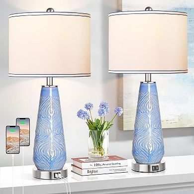 ELEMENT ACE Set of 2 Modern Touch Control Dimmable Table Lamp Set with USB Ports and White Shade