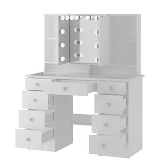 White Vanity Desk with Lighted Mirror, Glass Top Makeup Table with 9 Drawers