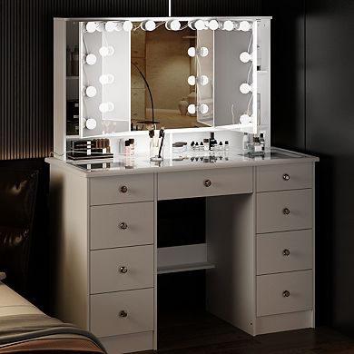White Vanity Desk with Lighted Mirror, Glass Top Makeup Table with 9 Drawers