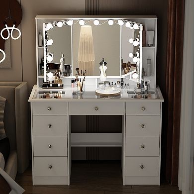 White Vanity Desk with Lighted Mirror, Glass Top Makeup Table with 9 Drawers