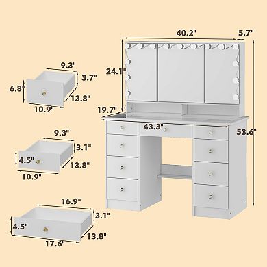 White Vanity Desk with Lighted Mirror, Glass Top Makeup Table with 9 Drawers