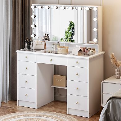 White Vanity Desk with Lighted Mirror, Glass Top Makeup Table with 9 Drawers