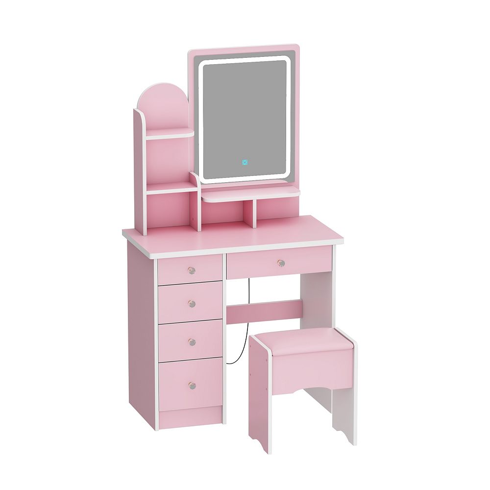 Pink Vanity Desk with LED Lighted Mirror, 3 Color Touch Control ...
