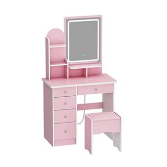 Pink Vanity Desk with LED Lighted Mirror, 3 Color Touch Control, Storage Drawers & Stool