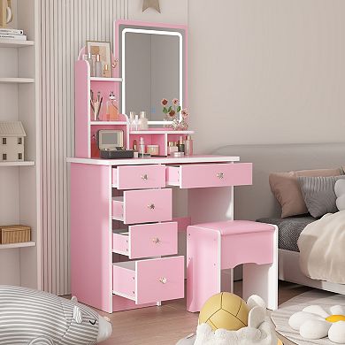 Pink Vanity Desk with LED Lighted Mirror, 3 Color Touch Control, Storage Drawers & Stool