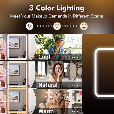 Pink Vanity Desk with LED Lighted Mirror, 3 Color Touch Control, Storage Drawers & Stool