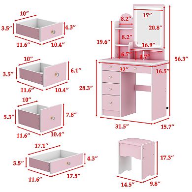 Pink Vanity Desk with LED Lighted Mirror, 3 Color Touch Control, Storage Drawers & Stool