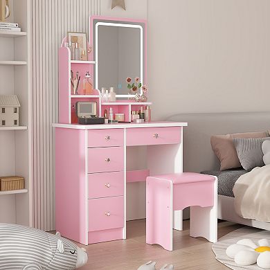 Pink Vanity Desk with LED Lighted Mirror, 3 Color Touch Control, Storage Drawers & Stool