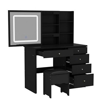 Black Vanity Desk with LED Lighted Sliding Mirror, Storage Shelves, Drawers & Stool