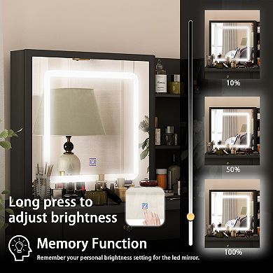 Black Vanity Desk with LED Lighted Sliding Mirror, Storage Shelves, Drawers & Stool