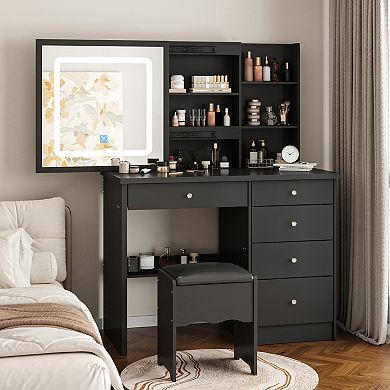 Black Vanity Desk with LED Lighted Sliding Mirror, Storage Shelves, Drawers & Stool