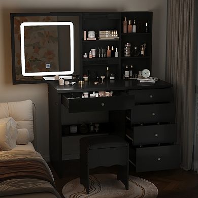 Black Vanity Desk with LED Lighted Sliding Mirror, Storage Shelves, Drawers & Stool