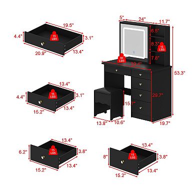 Black Vanity Desk with LED Lighted Sliding Mirror, Storage Shelves, Drawers & Stool