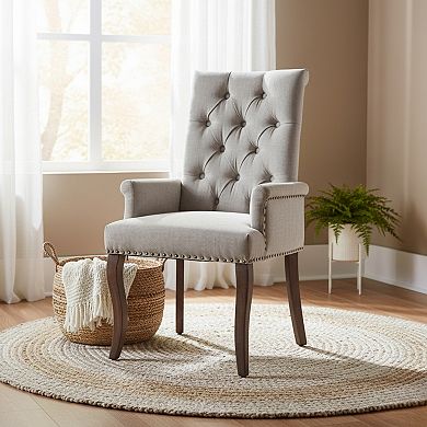 GOMYHOME Linen Fabric Upholstered Accent Chair with Arms, Rubber Wood Legs