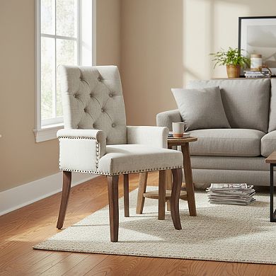 GOMYHOME Linen Fabric Upholstered Accent Chair with Arms, Rubber Wood Legs