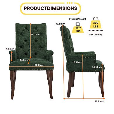 GOMYHOME Oliva Chenille Tufted Upholstered Dining Chair with Arms and Solid Wood Legs Set of 2