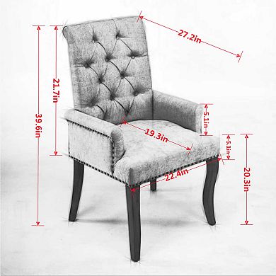 GOMYHOME Beige Chenille Tufted Upholstered Dining Chair with Arms and Solid Wood Legs