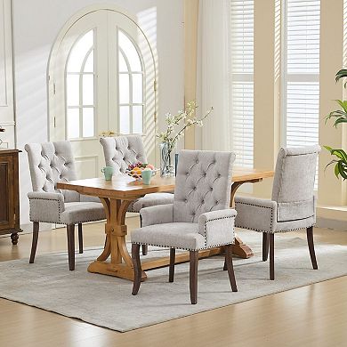 GOMYHOME Beige Chenille Tufted Upholstered Dining Chair with Arms and Solid Wood Legs