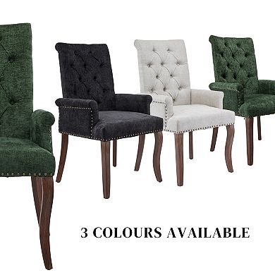 GOMYHOME Beige Chenille Tufted Upholstered Dining Chair with Arms and Solid Wood Legs