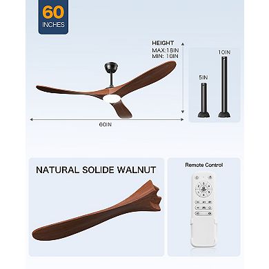 Akofun Ceiling Fans with Lights 60 Inch, High CFM 3 Blade Wood Walnut Fan, Propeller LED Ceiling Fan