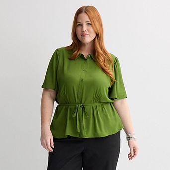 Plus Size Nine West Waist Pintuck Button-Down Shirt
