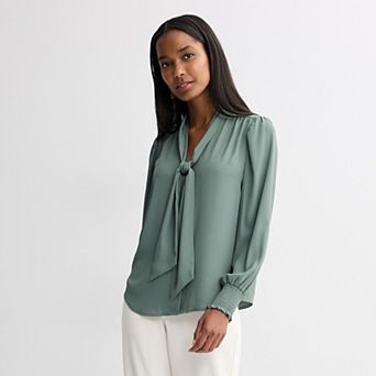 Petite Nine West Tie Neck Button Down Blouse