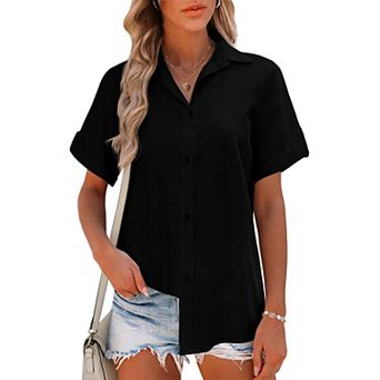 Zeagoo Women s Short Sleeve Button Down V Neck Cotton Linen Blouse, Casual Office Work Tunic Tops