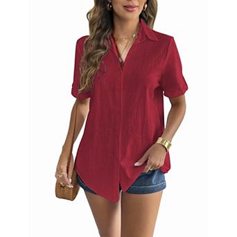 Zeagoo Women s Short Sleeve Button Down V Neck Cotton Linen Blouse, Casual Office Work Tunic Tops