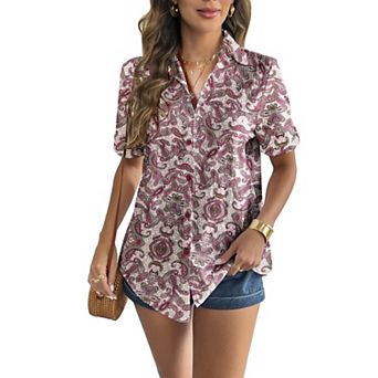 Zeagoo Women s Short Sleeve Button Down V Neck Cotton Linen Blouse, Casual Office Work Tunic Tops