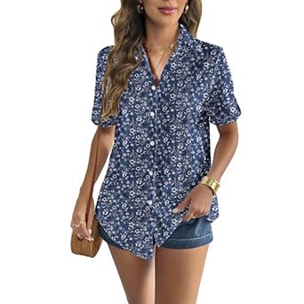 Zeagoo Women s Short Sleeve Button Down V Neck Cotton Linen Blouse, Casual Office Work Tunic Tops