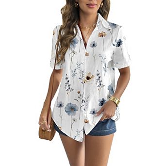 Zeagoo Women s Short Sleeve Button Down V Neck Cotton Linen Blouse, Casual Office Work Tunic Tops