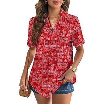 Zeagoo Women s Short Sleeve Button Down V Neck Cotton Linen Blouse, Casual Office Work Tunic Tops