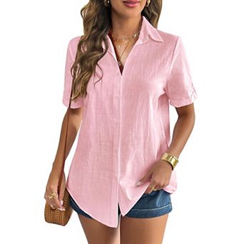 Zeagoo Women s Short Sleeve Button Down V Neck Cotton Linen Blouse, Casual Office Work Tunic Tops