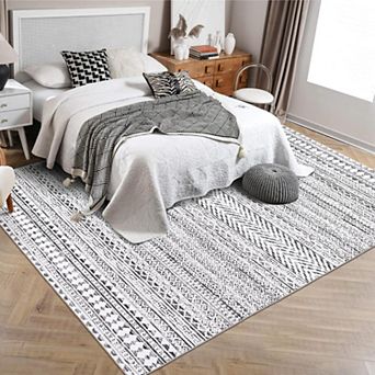 Modern Boho Striped Washable Rug - Non Slip Low Pile Stain Resistant Carpet for Living Room Bedroom