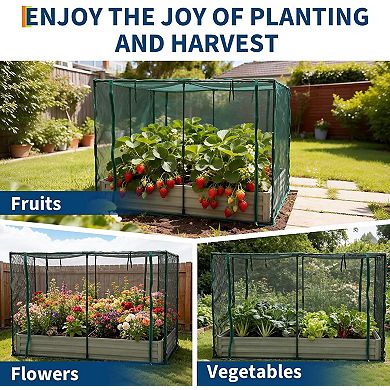 Raised Garden Bed with Plant Netting Cover Zippered Door Shade Canopy Frame Easy Install Vegetables