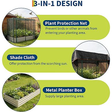 Raised Garden Bed with Plant Netting Cover Zippered Door Shade Canopy Frame Easy Install Vegetables