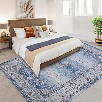 Washable Floral Area Rug - Non Slip Soft Low Pile Carpet for Bedroom Living Room Home Office