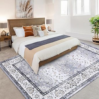 Washable Floral Area Rug - Non Slip Soft Low Pile Carpet for Bedroom Living Room Home Office
