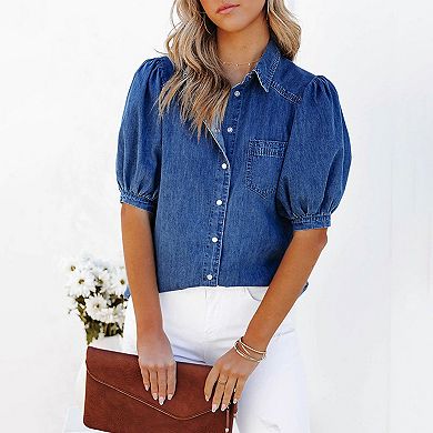 Women's Puff Sleeve Denim Shirt Lightweight Lapel Button-Down Top